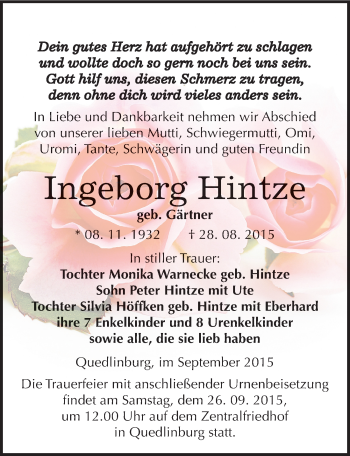 Traueranzeige von Ingeborg Hintze von Mitteldeutsche Zeitung Quedlinburg