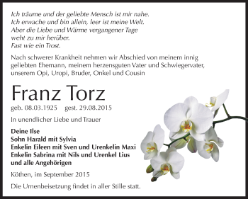 Traueranzeige von Franz Torz von WVG - Wochenspiegel Dessau / Köthen