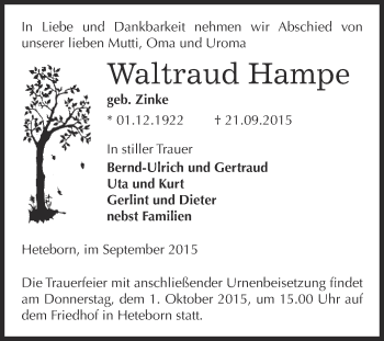 Traueranzeige von Waltraud Hampe von WVG - Wochenspiegel Quedlinburg