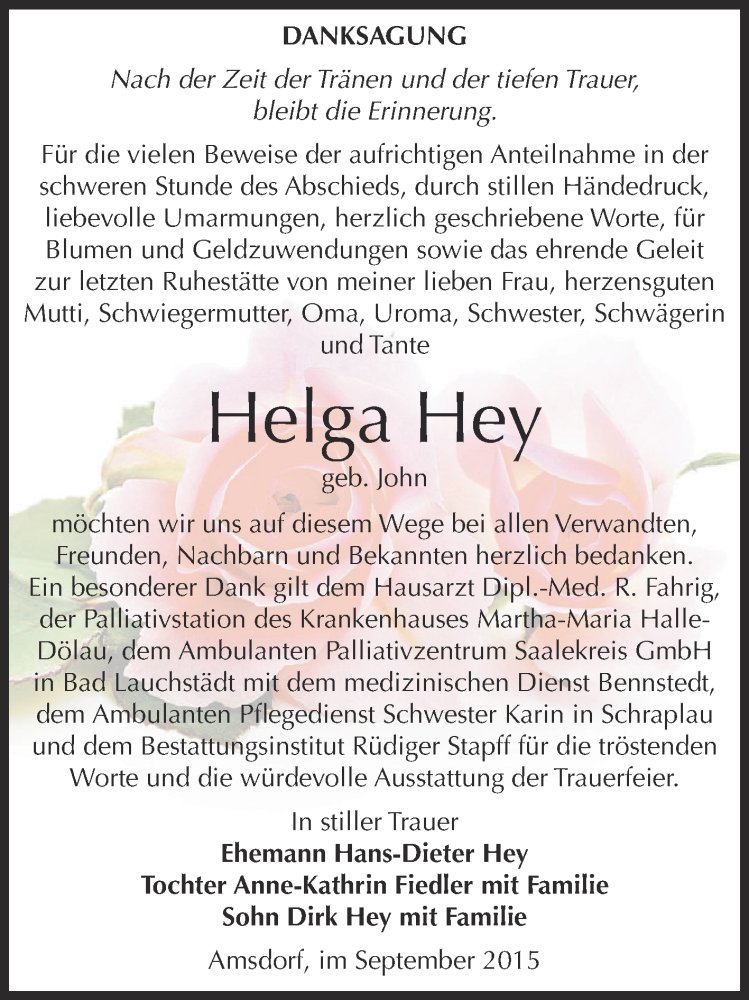  Traueranzeige für Helga Hey vom 30.09.2015 aus Wochenspiegel Mansfelder Land