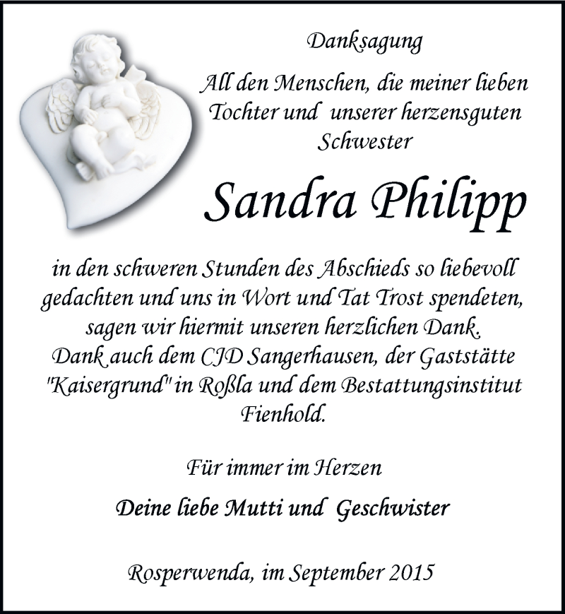  Traueranzeige für Sandra Philipp vom 19.09.2015 aus Mitteldeutsche Zeitung Sangerhausen