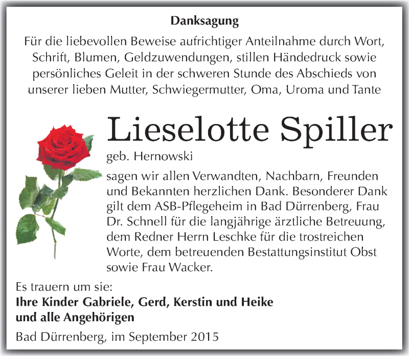  Traueranzeige für Lieselotte Spiller vom 19.09.2015 aus Mitteldeutsche Zeitung Merseburg/Querfurt