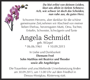 Traueranzeige von Angela Schmidt von Super Sonntag Dessau / Köthen