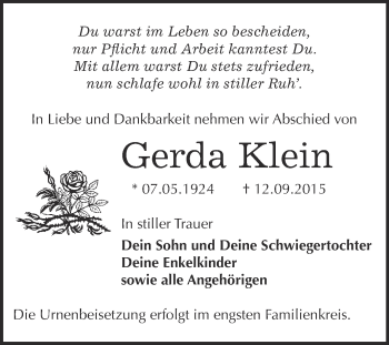 Traueranzeige von Gerda Klein von WVG - Wochenspiegel Bitterfeld