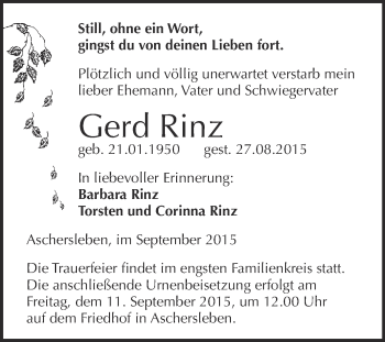 Traueranzeige von Gerd Rinz von Super Sonntag Aschersleben
