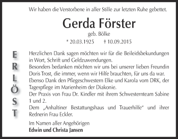 Traueranzeige von Gerda Förster von WVG - Wochenspiegel Dessau / Köthen