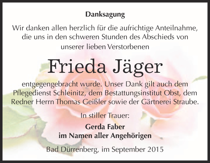  Traueranzeige für Frieda Jäger vom 19.09.2015 aus Super Sonntag Merseburg