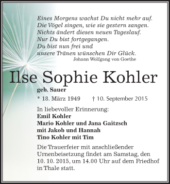 Traueranzeige von Ilse Sophie Kohler von Mitteldeutsche Zeitung Quedlinburg
