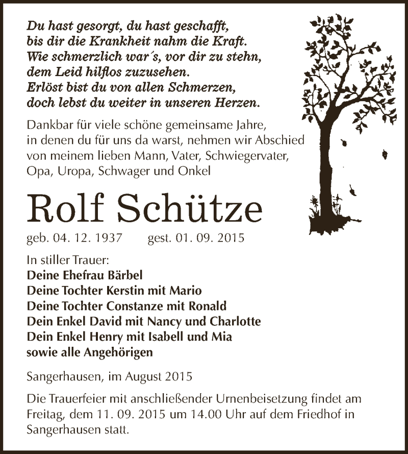  Traueranzeige für Rolf Schütze vom 05.09.2015 aus Super Sonntag SGH Mansf. Land