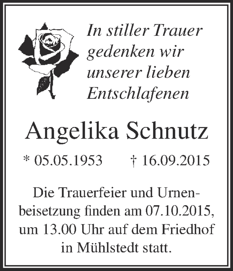  Traueranzeige für Angelika Schnutz vom 26.09.2015 aus WVG - Wochenspiegel Dessau / Köthen