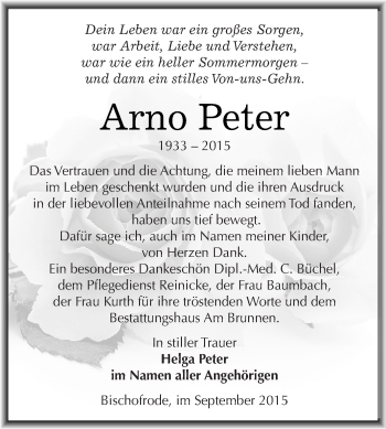 Traueranzeige von Arno Peter von Wochenspiegel Mansfelder Land