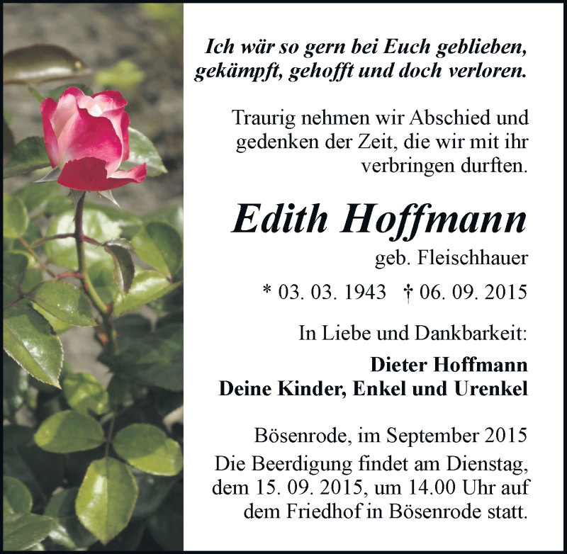  Traueranzeige für Edith Hoffmann vom 11.09.2015 aus Mitteldeutsche Zeitung Sangerhausen