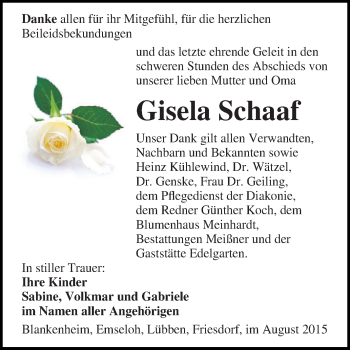 Traueranzeige von Gisela Schaaf von Super Sonntag SGH Mansf. Land