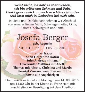 Traueranzeige von Josefa Berger von Mitteldeutsche Zeitung Köthen