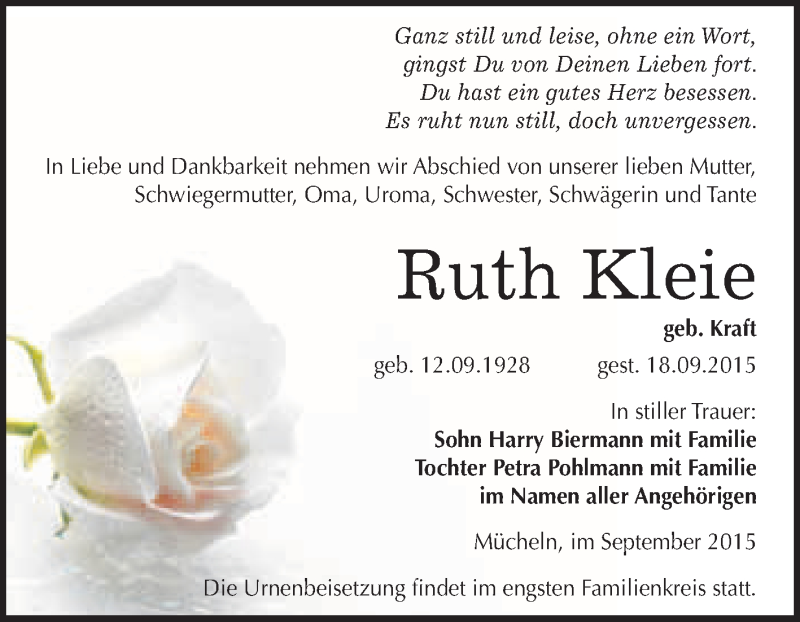  Traueranzeige für Ruth Kleie vom 26.09.2015 aus WVG - Wochenspiegel Merseburg