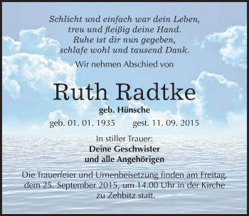 Traueranzeige von Ruth Radtke von Mitteldeutsche Zeitung Bitterfeld