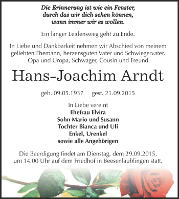 Traueranzeige von Hans-Joachim Arndt von Super Sonntag Bernburg