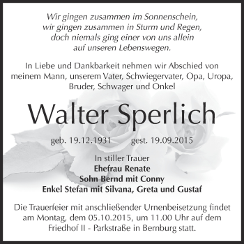 Traueranzeige von Walter Sperlich von Super Sonntag Bernburg