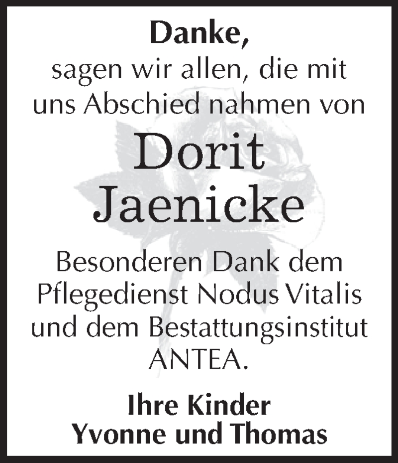  Traueranzeige für Dorit Jaenicke vom 05.09.2015 aus WVG - Wochenspiegel Dessau / Köthen