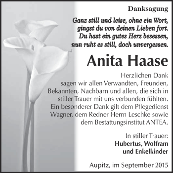 Traueranzeige von Anita Haase von WVG - Wochenspiegel NMB / WSF / ZTZ