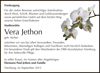 Traueranzeige von Vera Jethon von Super Sonntag Bernburg