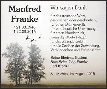 Traueranzeige von Manfred Franke von Super Sonntag Zeitz