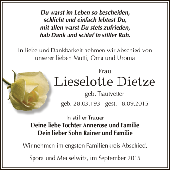 Traueranzeige von Lieselotte Dietze von Super Sonntag Zeitz