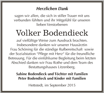 Traueranzeige von Volker Bodendieck von Wochenspiegel Mansfelder Land