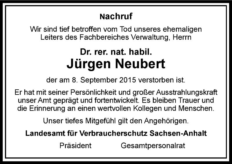  Traueranzeige für Jürgen Neubert vom 17.09.2015 aus Mitteldeutsche Zeitung