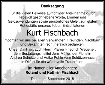 Traueranzeige von Kurt Fischbach von Mitteldeutsche Zeitung Quedlinburg