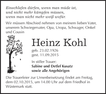Traueranzeige von Heinz Kohl von Super Sonntag Wittenberg