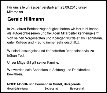 Traueranzeige von Gerald Hillmann von Mitteldeutsche Zeitung Quedlinburg