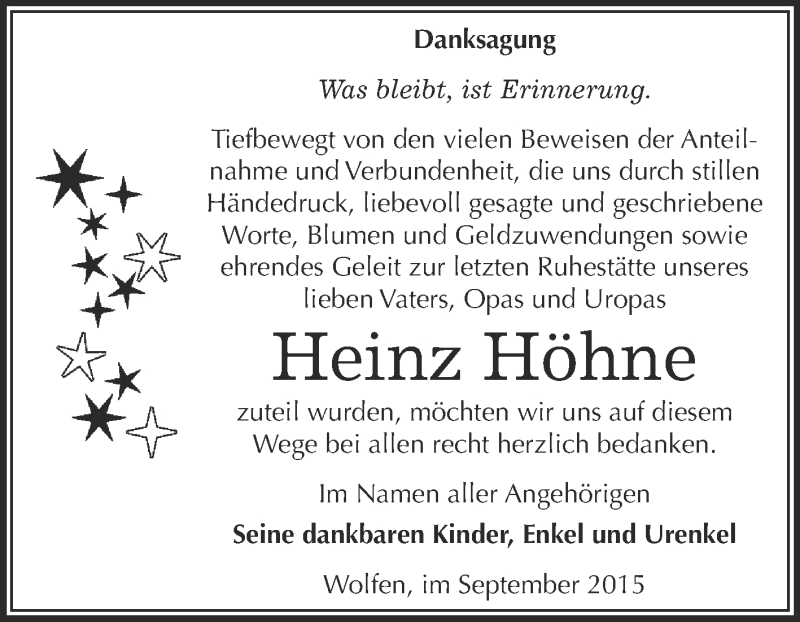  Traueranzeige für Heinz Höhne vom 23.09.2015 aus WVG - Wochenspiegel Bitterfeld