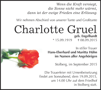 Traueranzeige von Charlotte Gruel von Super Sonntag SGH Mansf. Land