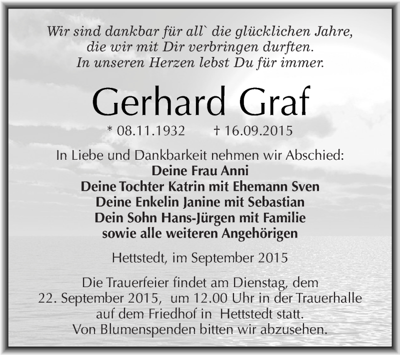  Traueranzeige für Gerhard Graf vom 19.09.2015 aus Super Sonntag SGH Mansf. Land