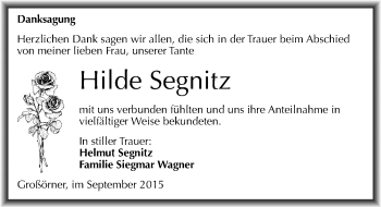 Traueranzeige von Hilde Segnitz von Mitteldeutsche Zeitung Mansfelder Land