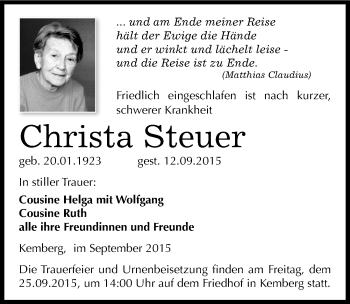 Traueranzeige von Christa Steuer von Mitteldeutsche Zeitung Wittenberg