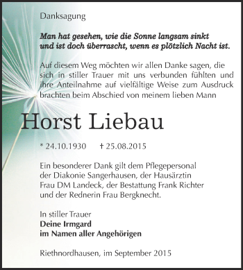Traueranzeige von Horst Liebau von Super Sonntag SGH Mansf. Land