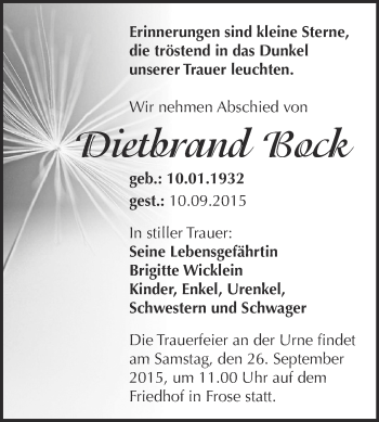 Traueranzeige von Dietbrand Bock von Super Sonntag Aschersleben