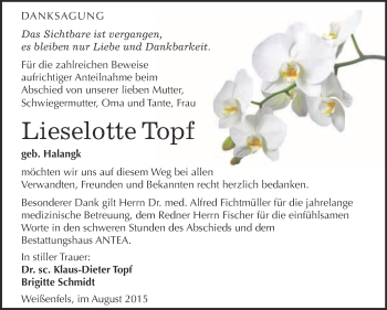 Traueranzeige von Lieselotte Topf von WVG - Wochenspiegel NMB / WSF / ZTZ
