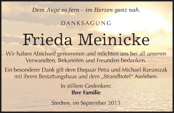 Traueranzeige von Frieda Meinicke von Mitteldeutsche Zeitung Mansfelder Land