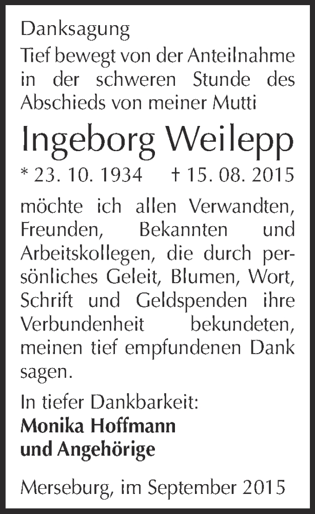  Traueranzeige für Ingeborg Weilepp vom 12.09.2015 aus Super Sonntag Merseburg