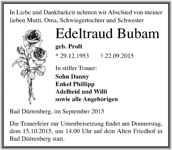 Traueranzeige von Edeltraud Bubam von Mitteldeutsche Zeitung Merseburg/Querfurt