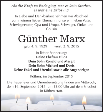 Traueranzeige von Günther Marx von Mitteldeutsche Zeitung Köthen