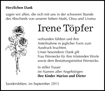 Traueranzeige von Irene Töpfer von Mitteldeutsche Zeitung Mansfelder Land