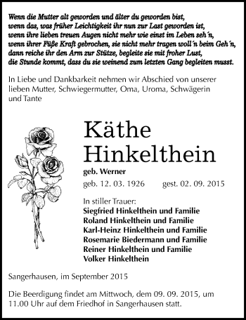 Traueranzeige von Käthe Hinkelthein von Mitteldeutsche Zeitung Sangerhausen
