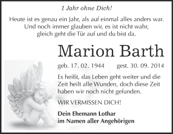 Traueranzeige von Marion Barth von WVG - Wochenspiegel NMB / WSF / ZTZ