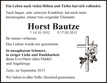 Traueranzeige von Horst Bautze von Super Sonntag Zeitz