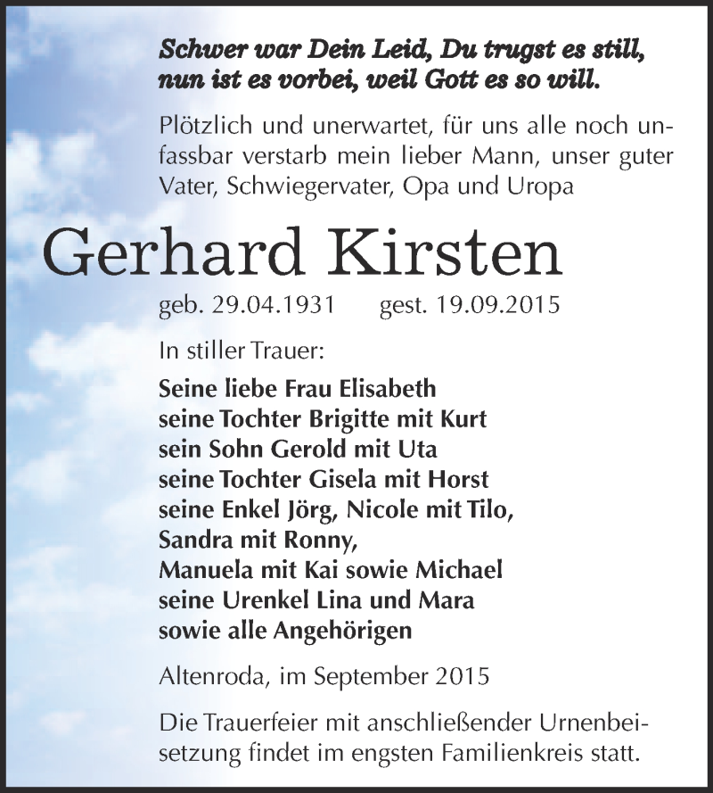  Traueranzeige für Gerhard Kirsten vom 30.09.2015 aus WVG - Wochenspiegel NMB / WSF / ZTZ