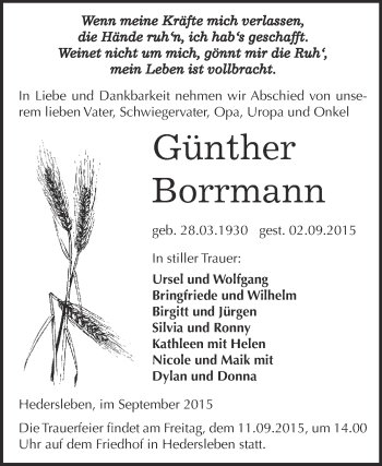 Traueranzeige von Günther Borrmann von WVG - Wochenspiegel SGH